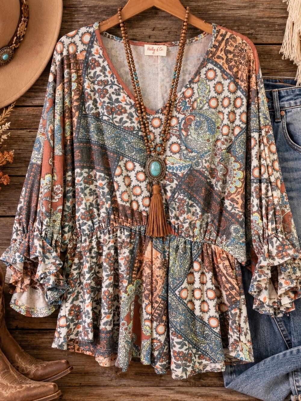 Hailey & Co Large Boho Paisley Patchwork Ruffle Sleeve Tunic Top Made in USA